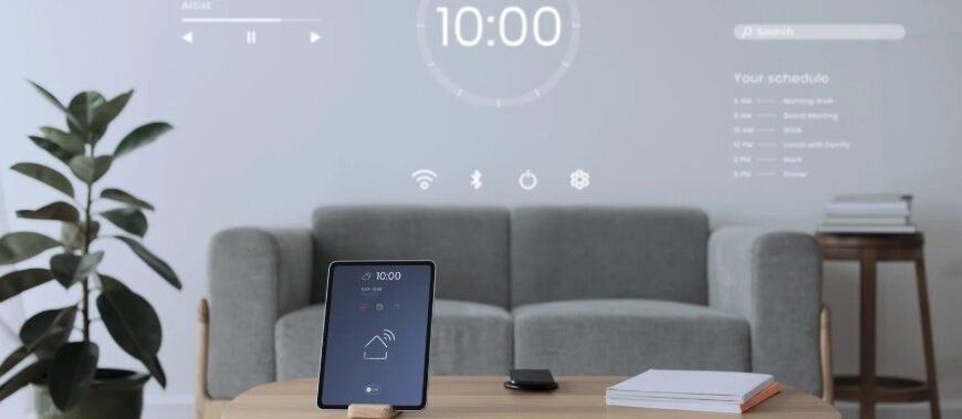Una tablet en una mesa de centro que muestra una aplicación de control de hogar inteligente, con una interfaz holográfica flotante que muestra la hora y el horario del día.