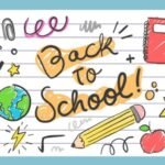 Ilustración de "Back to School" en una hoja de cuaderno. Incluye dibujos de una mochila, un corazón sonriente, un globo terráqueo, un lápiz, un cuaderno, una bombilla, y otros símbolos escolares.