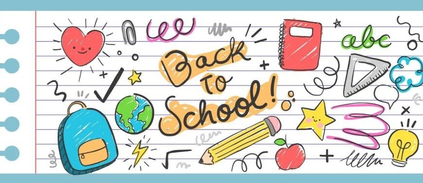 Ilustración de "Back to School" en una hoja de cuaderno. Incluye dibujos de una mochila, un corazón sonriente, un globo terráqueo, un lápiz, un cuaderno, una bombilla, y otros símbolos escolares.