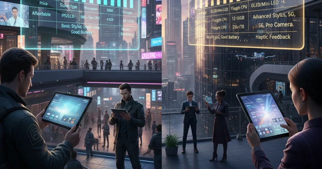 Gráfico que compara las características clave de las tabletas de gama media y las tabletas de gama alta en un entorno urbano futurista.