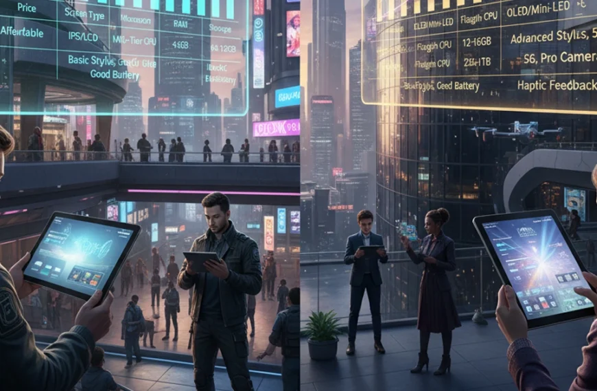 Gráfico que compara las características clave de las tabletas de gama media y las tabletas de gama alta en un entorno urbano futurista.
