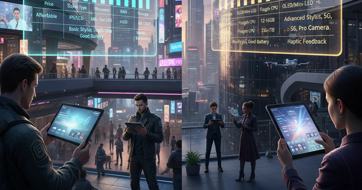 Gráfico que compara las características clave de las tabletas de gama media y las tabletas de gama alta en un entorno urbano futurista.