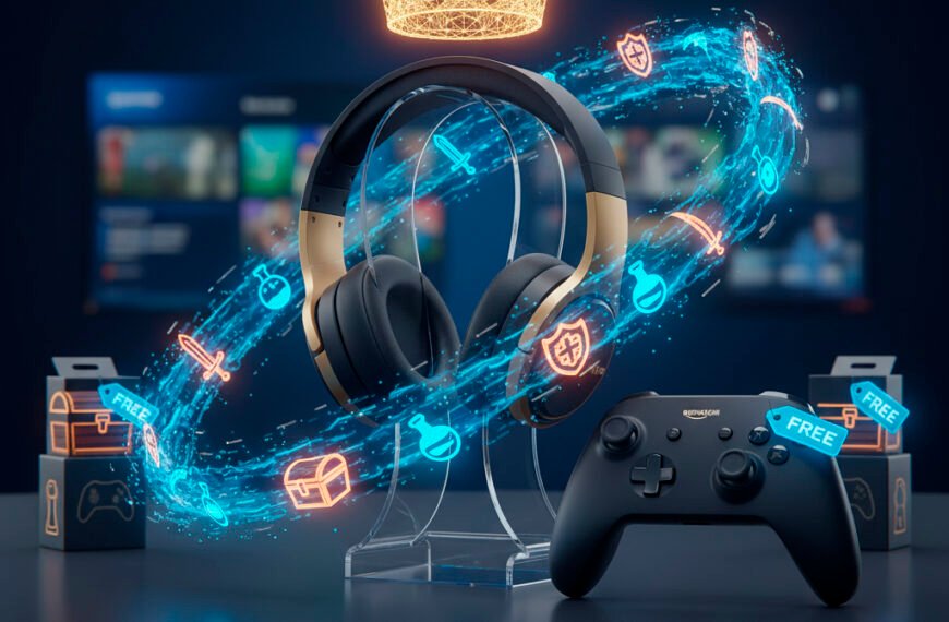 Amazon Prime Gaming 2025 - Setup de gaming premium con corona dorada flotante, etiquetas FREE en accesorios y elementos digitales exclusivos